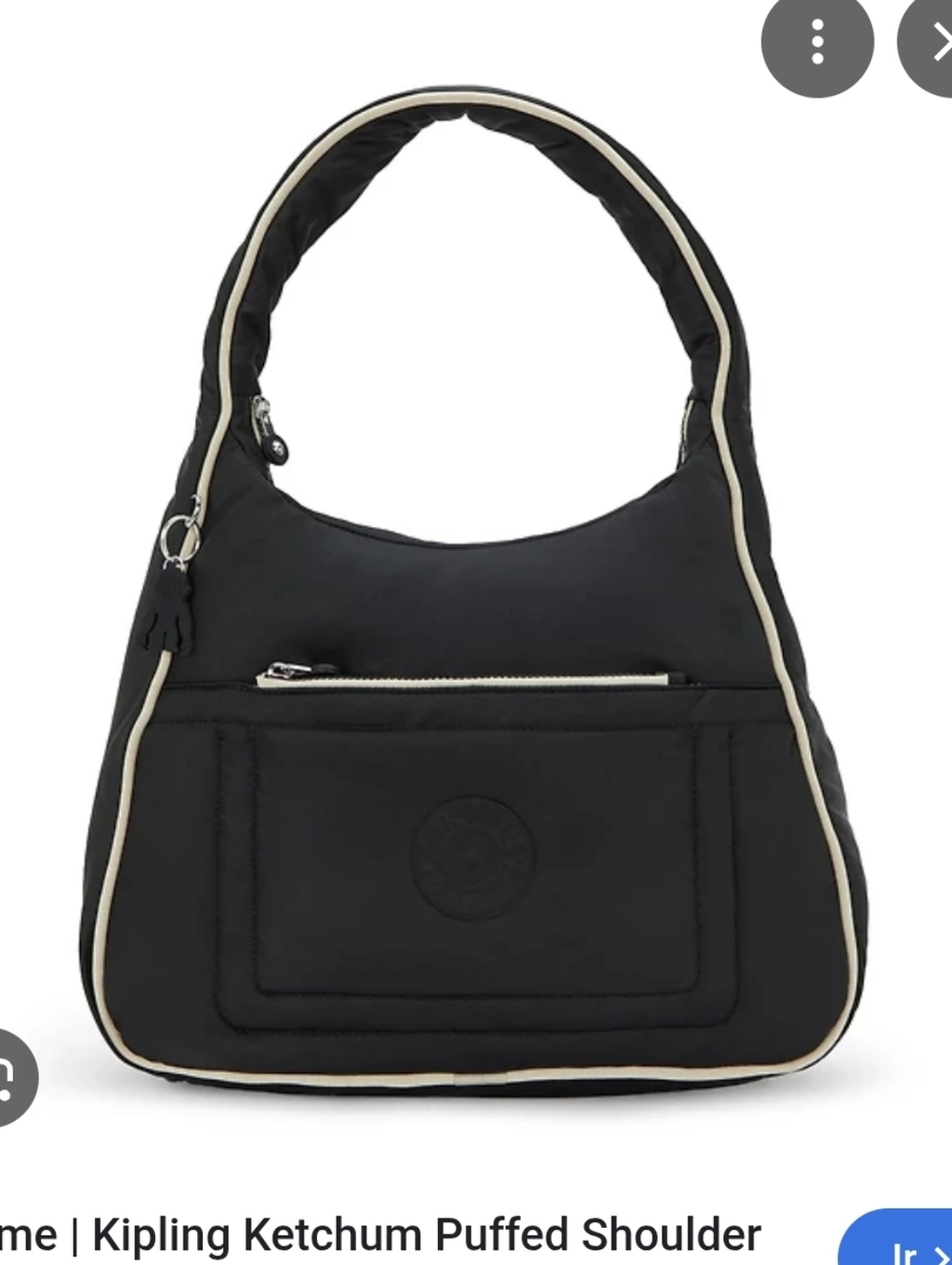 Kipling Black Puffed Shoulder Bag with Cream Trim